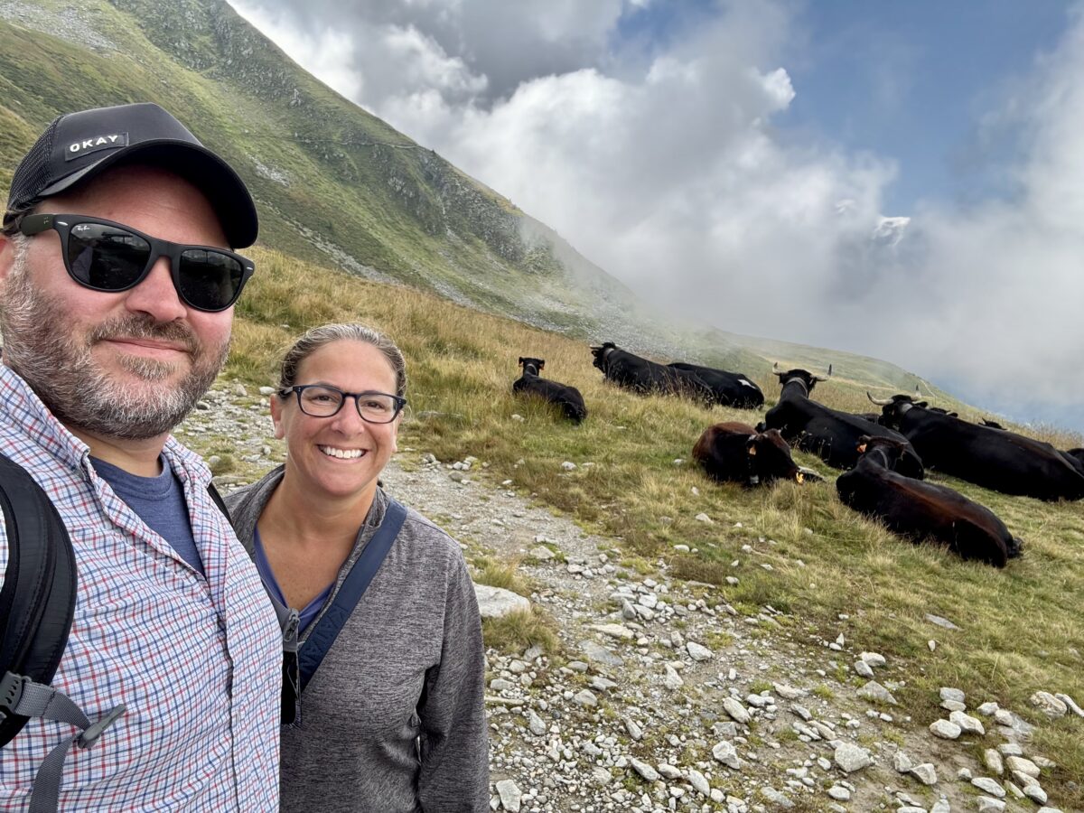 Nik and Julie with the Cows Atop Le Tour