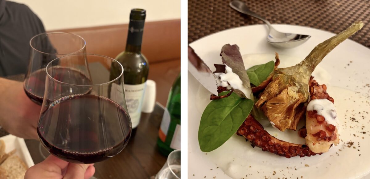 Glasses of Chianti and an Artichoke and Octopus Appetizer