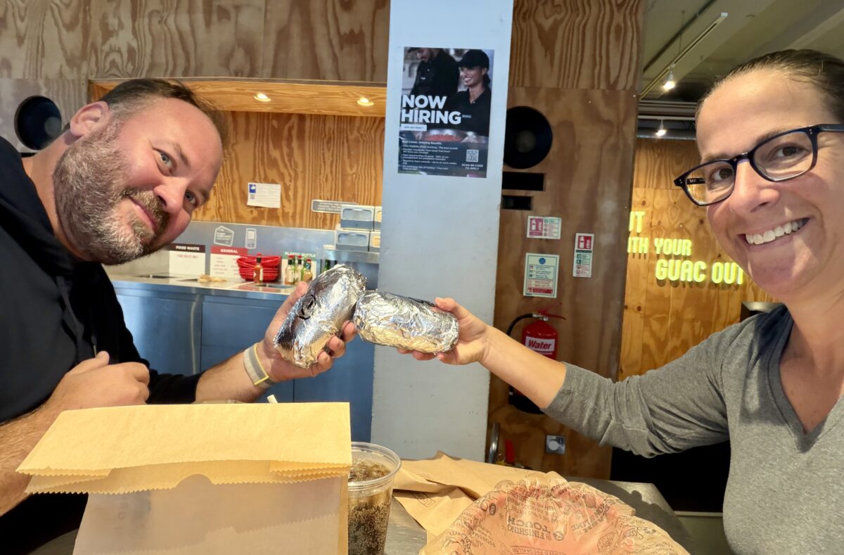 Nik and Julie at a Chipotle in London