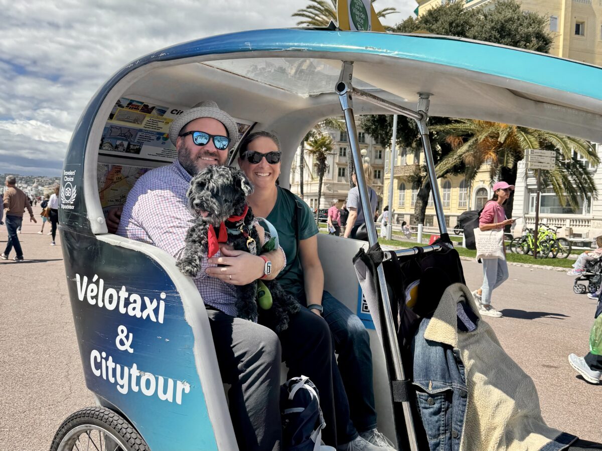 Nik, Julie and Koval in a Pedicab, Nice, France
