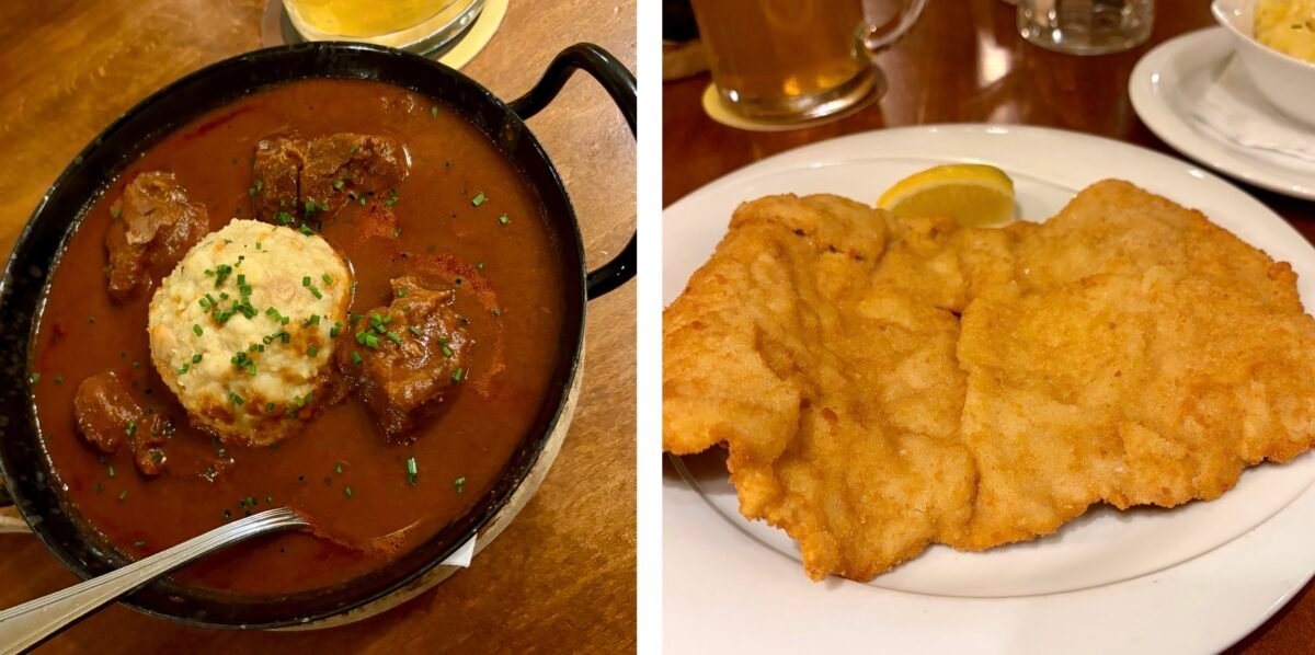 Beef Goulash with a Bread Dumpling and Pork Schnitzel